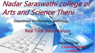 Nadar Saraswathi college of
Arts and Science Theni
PRESENTED BY
S.VIJAYALAKSHMI
II-MSc(IT)
Department of Information Technology
Real Time Data Analysis
 