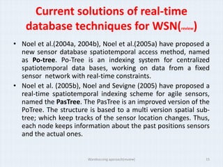 Current solutions of real-time
    database techniques for WSN( )                     review


• Noel et al.(2004a, 2004b), Noel et al.(2005a) have proposed a
  new sensor database spatiotemporal access method, named
  as Po-tree. Po-Tree is an indexing system for centralized
  spatiotemporal data bases, working on data from a fixed
  sensor network with real-time constraints.
• Noel et al. (2005b), Noel and Sevigne (2005) have proposed a
  real-time spatiotemporal indexing scheme for agile sensors,
  named the PasTree. The PasTree is an improved version of the
  PoTree. The structure is based to a multi version spatial sub-
  tree; which keep tracks of the sensor location changes. Thus,
  each node keeps information about the past positions sensors
  and the actual ones.


                        Warehousing approach(review)            15
 