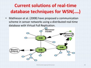 Current solutions of real-time
   database techniques for WSN( )                      review


• Mathieson et al. (2008) have proposed a communication
  scheme in sensor networks using a distributed real-time
  database with Virtual Full Replication.




                        Distributed approach(review)            18
 