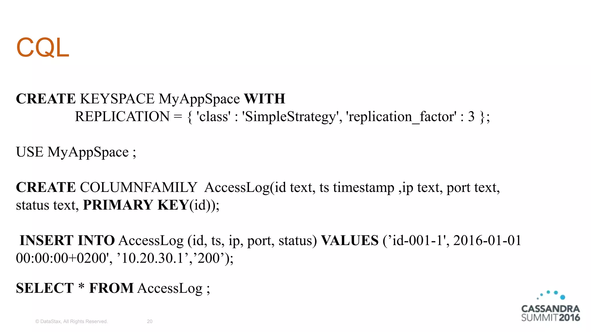 CQL
© DataStax, All Rights Reserved. 20
CREATE KEYSPACE MyAppSpace WITH
REPLICATION = { 'class' : 'SimpleStrategy', 'replication_factor' : 3 };
USE MyAppSpace ;
CREATE COLUMNFAMILY AccessLog(id text, ts timestamp ,ip text, port text,
status text, PRIMARY KEY(id));
INSERT INTO AccessLog (id, ts, ip, port, status) VALUES (’id-001-1', 2016-01-01
00:00:00+0200', ’10.20.30.1’,’200’);
SELECT * FROM AccessLog ;
 