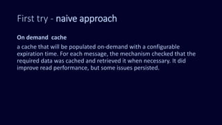 First try - naive approach
On demand cache
a cache that will be populated on-demand with a configurable
expiration time. For each message, the mechanism checked that the
required data was cached and retrieved it when necessary. It did
improve read performance, but some issues persisted.
 