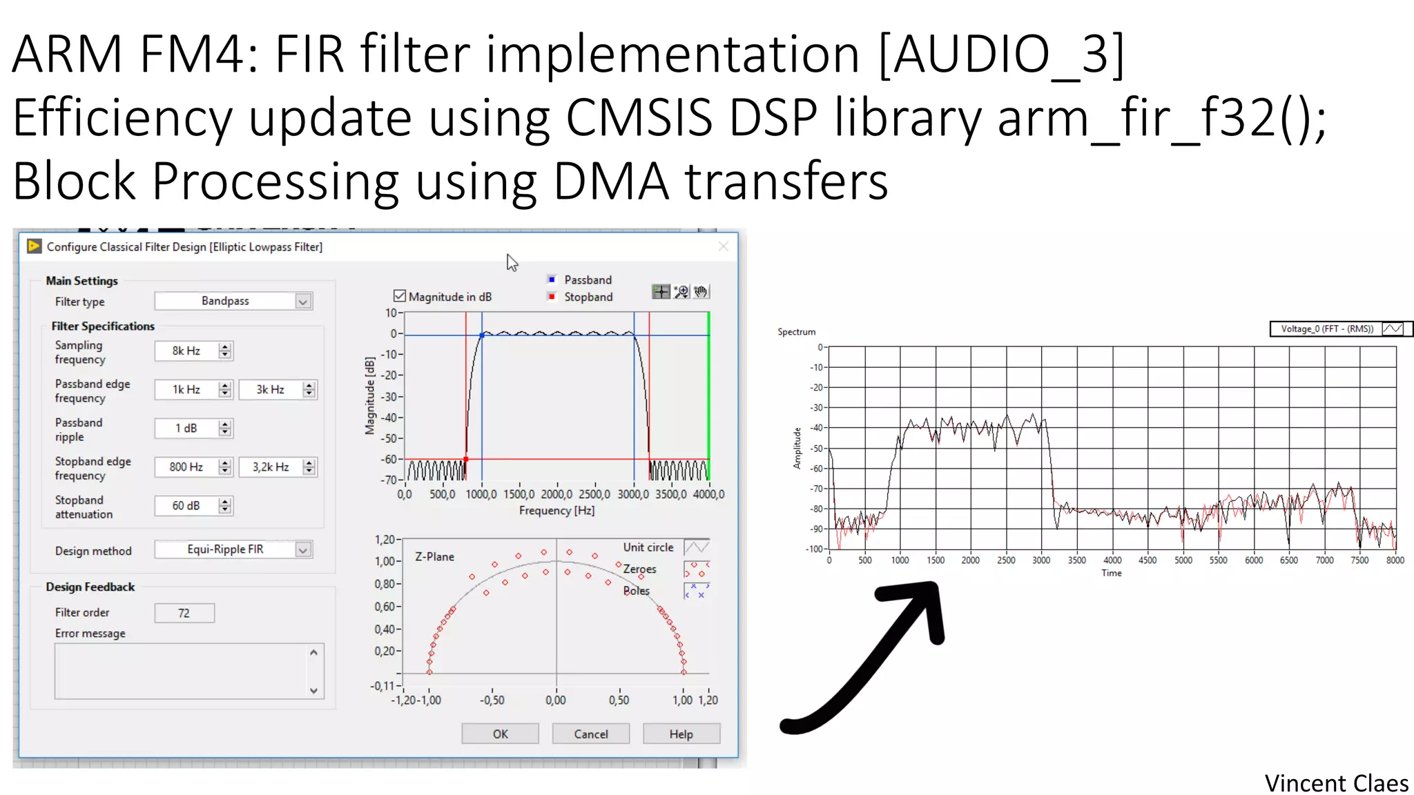 ARM FM4: FIR filter implementation [AUDIO_3]
Efficiency update using CMSIS DSP library arm_fir_f32();
Block Processing using DMA transfers
Vincent Claes
 