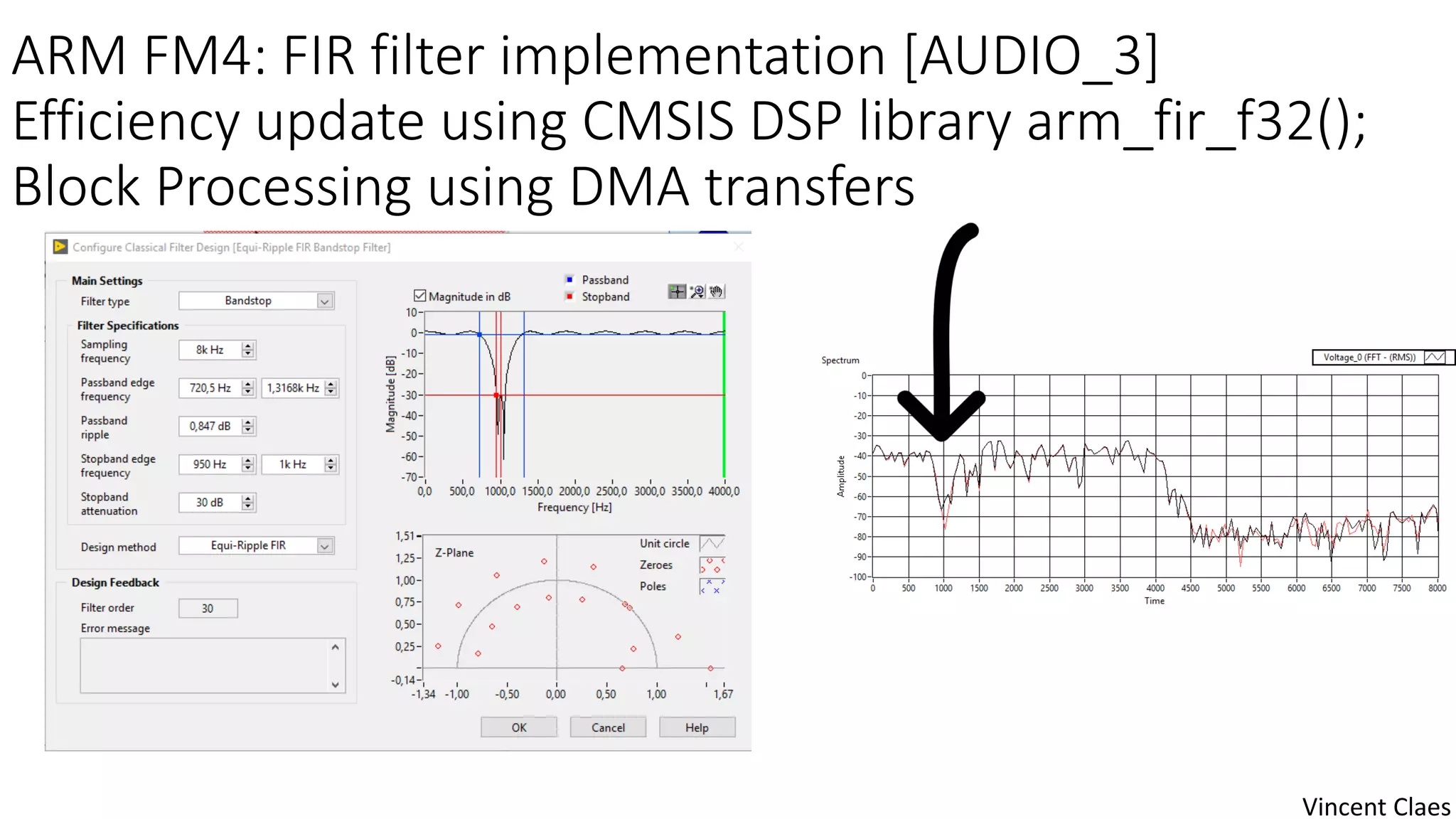 ARM FM4: FIR filter implementation [AUDIO_3]
Efficiency update using CMSIS DSP library arm_fir_f32();
Block Processing using DMA transfers
Vincent Claes
 