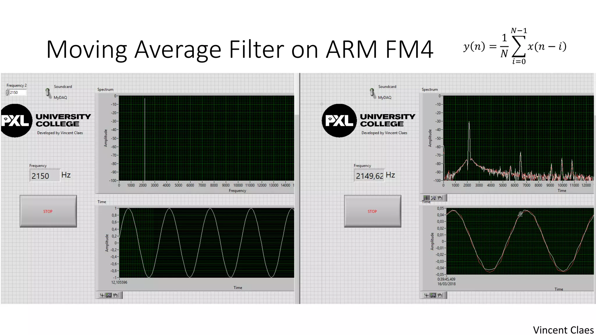 Moving Average Filter on ARM FM4 𝑦 𝑛 =
1
𝑁
𝑖=0
𝑁−1
𝑥(𝑛 − 𝑖
Vincent Claes
 