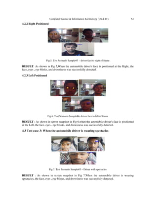Computer Science & Information Technology (CS & IT)

52

4.2.2 Right Positioned

Fig 5. Test Scenario Sample#3 – driver face to right of frame

RESULT: As shown in Fig 5,When the automobile driver's face is positioned at the Right, the
face, eyes , eye blinks, and drowsiness was successfully detected.
4.2.3 Left Positioned

Fig 6. Test Scenario Sample#4- driver face to left of frame

RESULT : As shown in screen snapshot in Fig 6,when the automobile driver's face is positioned
at the Left, the face, eyes , eye blinks, and drowsiness was successfully detected.

4.3 Test case 3: When the automobile driver is wearing spectacles

Fig 7. Test Scenario Sample#5 – Driver with spectacles

RESULT : As shown in screen snapshot in Fig 7,When the automobile driver is wearing
spectacles, the face, eyes , eye blinks, and drowsiness was successfully detected.

 
