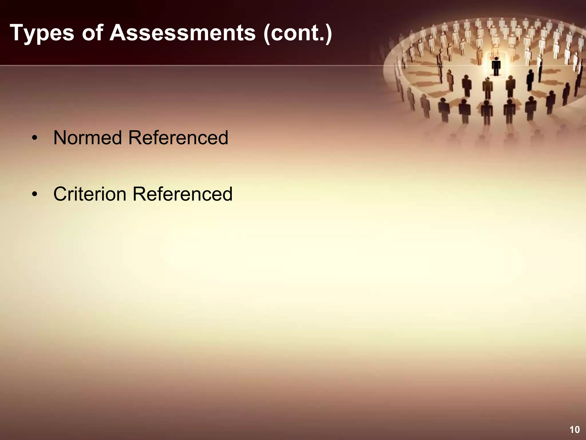 Types of Assessments (cont.)
• Normed Referenced
• Criterion Referenced
10
 