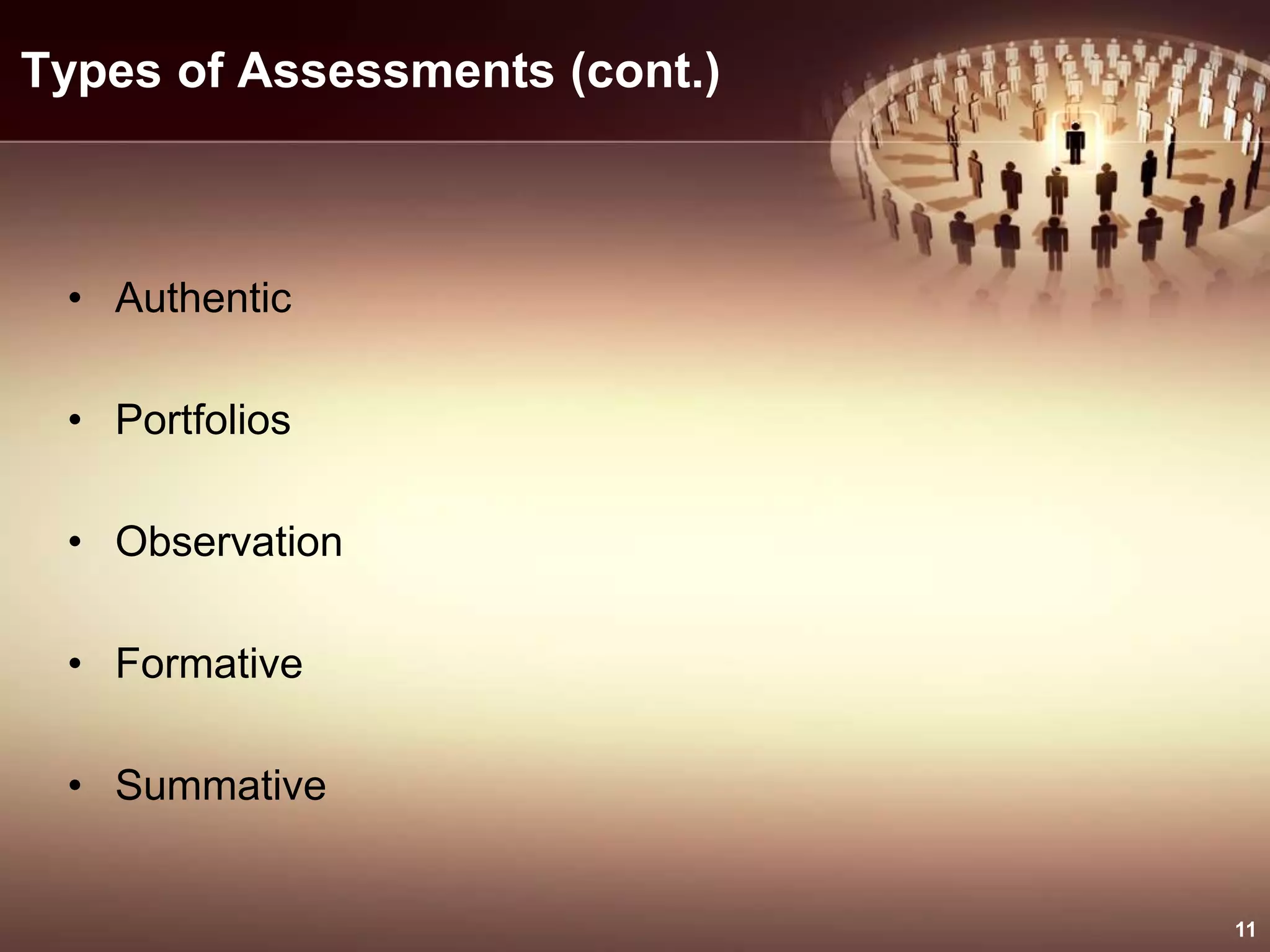 Types of Assessments (cont.)
• Authentic
• Portfolios
• Observation
• Formative
• Summative
11
 