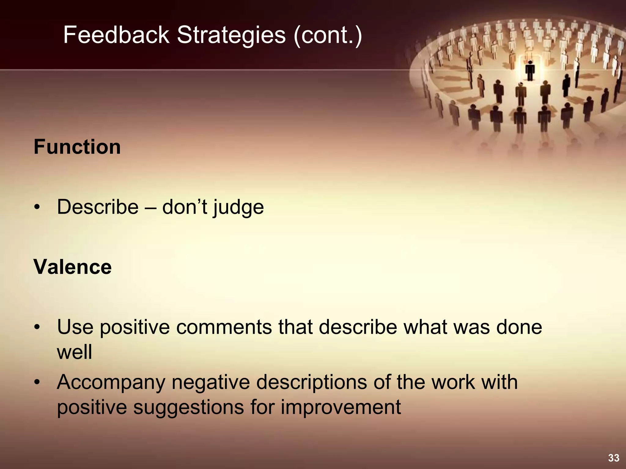 Feedback Strategies (cont.)
Function
• Describe – don’t judge
Valence
• Use positive comments that describe what was done
well
• Accompany negative descriptions of the work with
positive suggestions for improvement
33
 