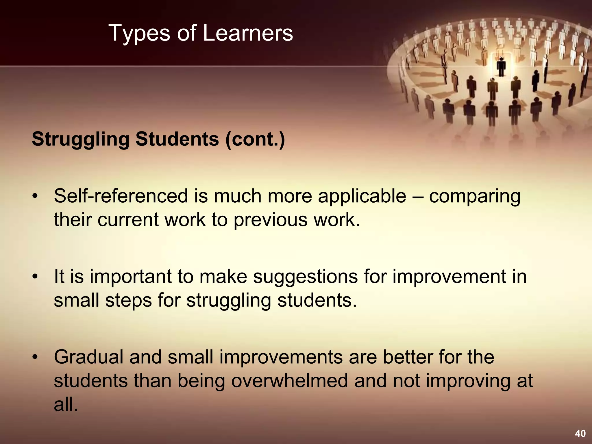 Types of Learners
Struggling Students (cont.)
• Self-referenced is much more applicable – comparing
their current work to previous work.
• It is important to make suggestions for improvement in
small steps for struggling students.
• Gradual and small improvements are better for the
students than being overwhelmed and not improving at
all.
40
 