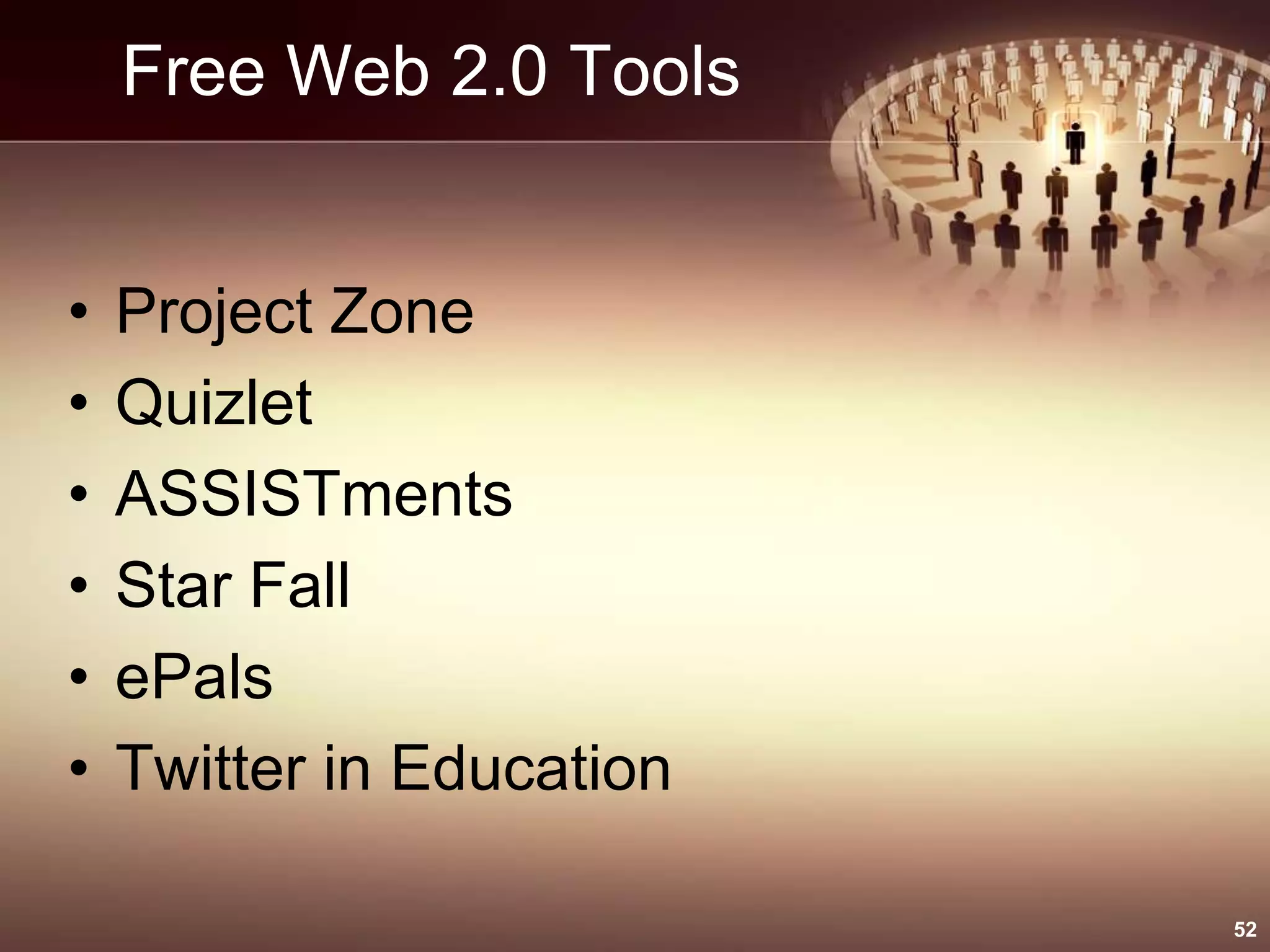 Free Web 2.0 Tools
• Project Zone
• Quizlet
• ASSISTments
• Star Fall
• ePals
• Twitter in Education
52
 