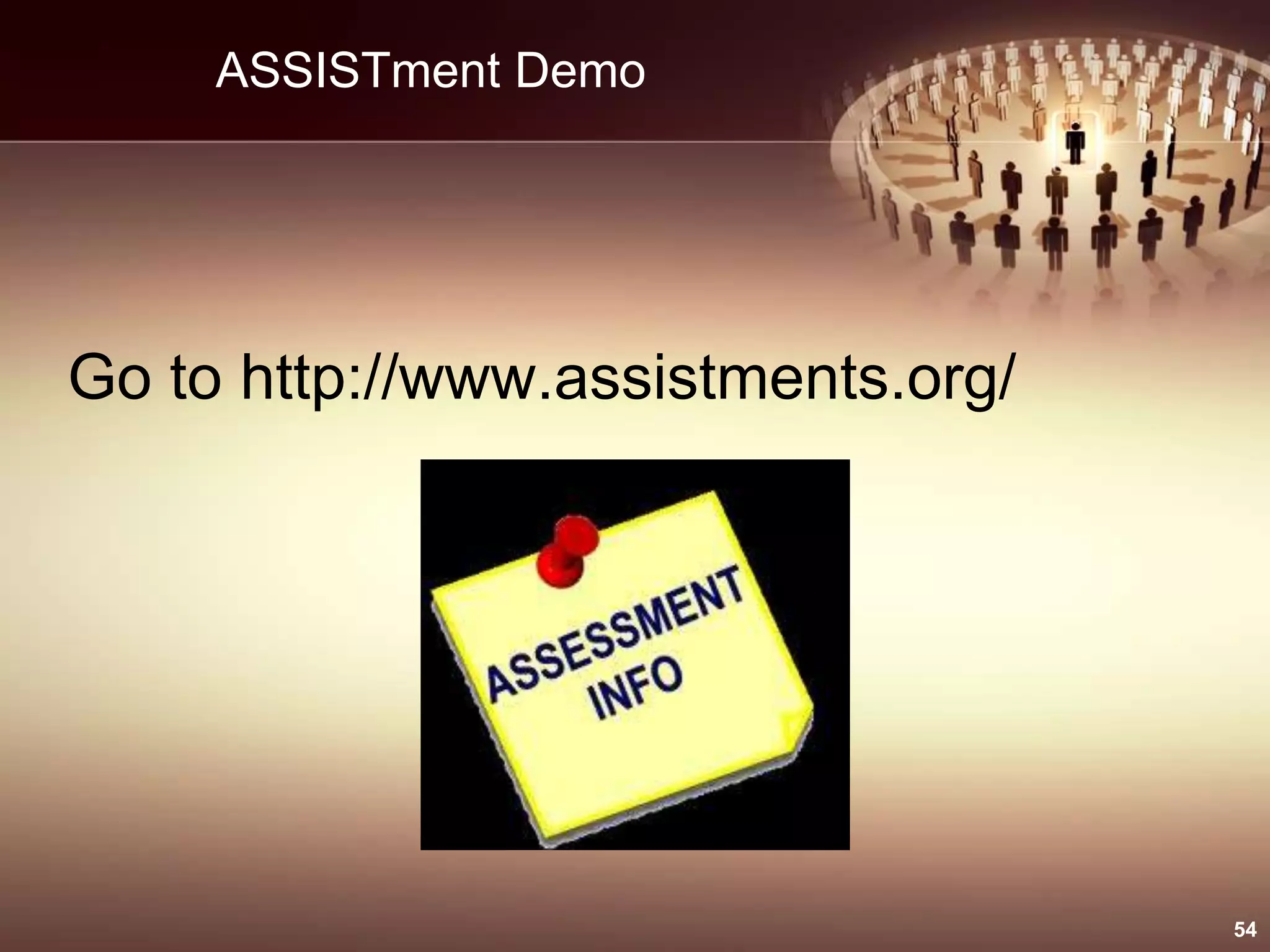 ASSISTment Demo
Go to http://www.assistments.org/
54
 