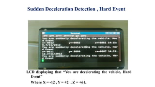 Sudden Deceleration Detection , Hard Event
LCD displaying that “You are decelerating the vehicle, Hard
Event”
Where X = -12 , Y = +2 , Z = +61.
 