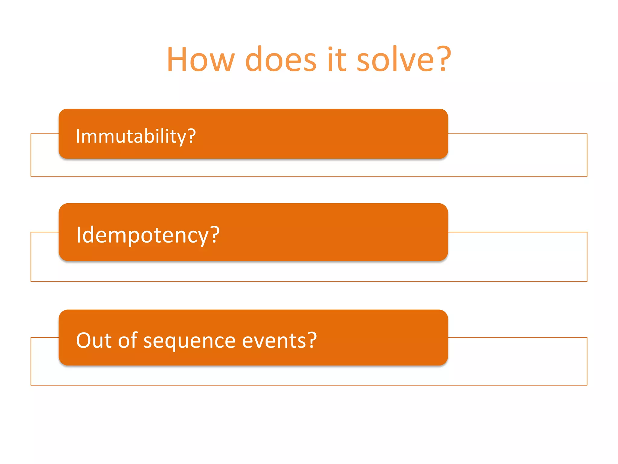 How does it solve?
Immutability?
Idempotency?
Out of sequence events?
 