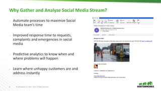 4 © Hortonworks Inc. 2011 – 2017. All Rights Reserved
Why Gather and Analyze Social Media Stream?
- Automate processes to maximize Social
Media team’s time
- Improved response time to requests,
complaints and emergencies in social
media
- Predictive analytics to know when and
where problems will happen
- Learn where unhappy customers are and
address instantly
 