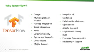8 © Hortonworks Inc. 2011 – 2017. All Rights Reserved
Why TensorFlow?
• Google
• Multiple platform
support
• Hadoop integration
• Spark integration
• Keras
• Large Community
• Python and Java APIs
• GPU Support
• Mobile Support
• Inception v3
• Clustering
• Fully functional demos
• Open Source
• Apache Licensed
• Large Model Library
• Buzz
• Extensive Documentation
• Raspberry Pi Support
 