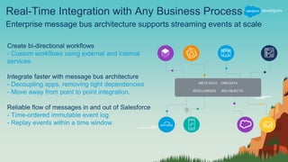 Introducing Platform Event Objects
Automate workflows and build custom triggers based on Salesforce events
Introducing Event as a first class object in Salesforce
- Define events via Salesforce Setup
- Push event definitions in the MD API
Pub/Sub from internal and external web services
- Publish events through the API, Apex and Process Flows
- External apps can subscribe to events via public APIs
- Apex triggers and Process Flows can subscribe to events
Support heterogeneous payloads
- Define the event to support your needs
- Default Salesforce events will be available
- Business events, security events, change data events
 