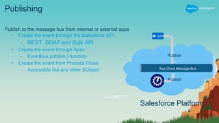 Subscribing
Subscribe to the message bus from internal or
external apps
• Subscription to published events internal and
external subscribers
• Apex Triggers on the event object act as
subscribers and custom logic can be
performed
• Process Builder Pilot consume events through
Process Builder Flows
• External apps can subscribe via a public API
(Bayeaux and CometD wire protocol)
Salesforce Platform
App Cloud Message Bus
Subscribe
Subscribe
 
