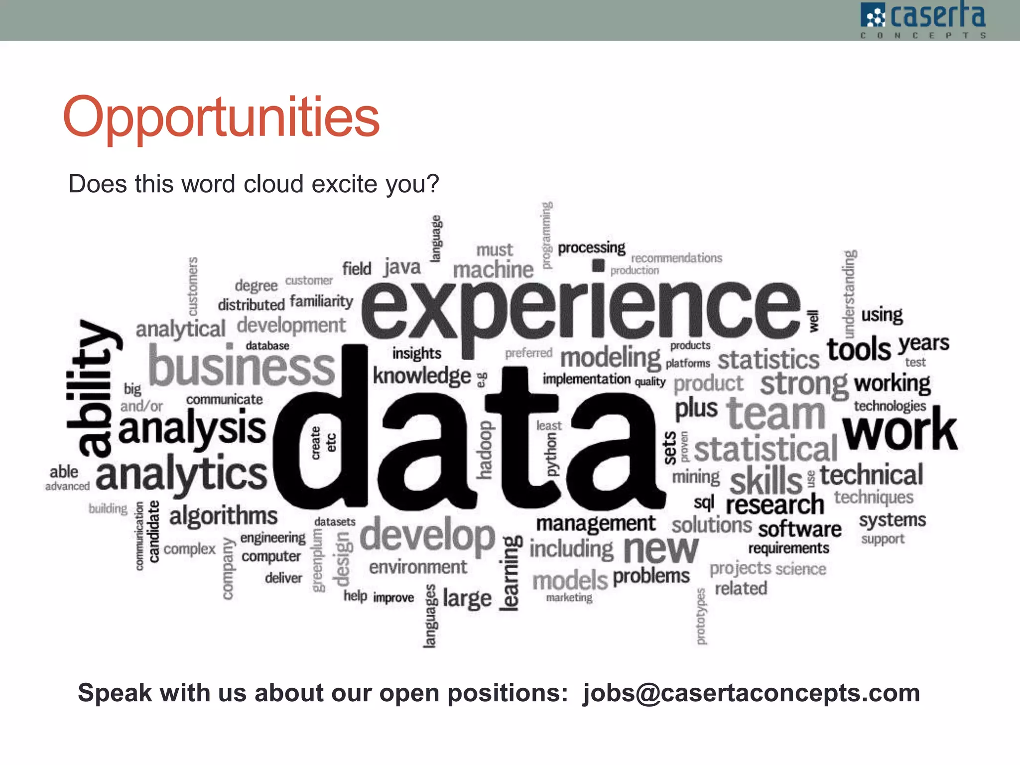 Opportunities
Does this word cloud excite you?
Speak with us about our open positions: jobs@casertaconcepts.com
 