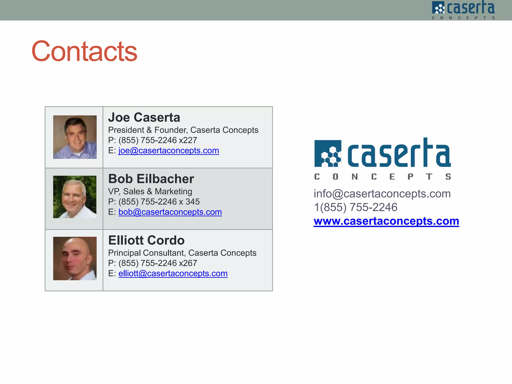 Contacts
Joe Caserta
President & Founder, Caserta Concepts
P: (855) 755-2246 x227
E: joe@casertaconcepts.com
Bob Eilbacher
VP, Sales & Marketing
P: (855) 755-2246 x 345
E: bob@casertaconcepts.com
Elliott Cordo
Principal Consultant, Caserta Concepts
P: (855) 755-2246 x267
E: elliott@casertaconcepts.com
info@casertaconcepts.com
1(855) 755-2246
www.casertaconcepts.com
 