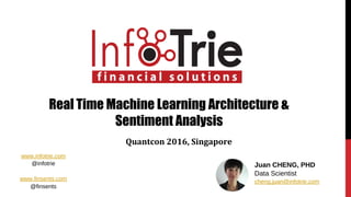 Real Time Machine Learning Architecture &
Sentiment Analysis
Quantcon 2016, Singapore
Juan CHENG, PHD
Data Scientist
cheng.juan@infotrie.com
www.infotrie.com
@infotrie
www.finsents.com
@finsents
 