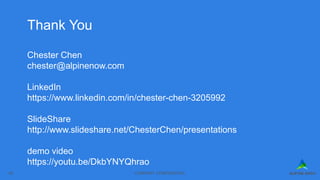 COMPANY CONFIDENTIAL40
Thank You
Chester Chen
chester@alpinenow.com
LinkedIn
https://www.linkedin.com/in/chester-chen-3205992
SlideShare
http://www.slideshare.net/ChesterChen/presentations
demo video
https://youtu.be/DkbYNYQhrao
 