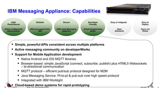 Hours not Weeks 
Easy to Deploy 
Orders of Magnitude 
Improvements 
High 
Performance 
What you expect from IBM 
Reliable 
Simple Programming 
Model 
Developer 
Friendly 
Open 
Standards 
Easy to Integrate 
DMZ-ready Messaging Appliance 
Secure 
Simple, powerful APIs consistent across multiple platforms 
Active messaging community on developerWorks 
Support for Mobile Application development 
Native Android and iOS MQTT libraries 
Browser-based: simple JavaScript (connect, subscribe, publish) plus HTML5 Websockets – bi-directional communication 
MQTT protocol – efficient pub/sub protocol designed for M2M 
Java Messaging Service: Pt-to-pt & pub-sub over high speed protocol 
Integrated with IBM Worklight 
Cloud-based demo systems for rapid prototyping 
12 
11/2/2014 
Sprint - Pub / Sub Overview & MQTT 
12 
IBM Messaging Appliance: Capabilities  