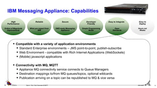 Hours not Weeks 
Easy to Deploy 
Orders of Magnitude 
Improvements 
High 
Performance 
What you expect from IBM 
Reliable 
Simple Programming 
Model 
Developer 
Friendly 
Open 
Standards 
Easy to Integrate 
DMZ-ready Messaging Appliance 
Secure 
Compatible with a variety of application environments 
Standard Enterprise environments – JMS point-to-point, publish-subscribe 
Web Environment - compatible with Rich Internet Applications (WebSockets) 
(Mobile) javascript applications 
Connectivity with MQ, MQTT 
Appliance MQ connectivity service connects to Queue Managers 
Destination mappings to/from MQ queues/topics, optional wildcards 
Publication arriving on a topic can be republished to MQ & vice versa 
13 
11/2/2014 
Sprint - Pub / Sub Overview & MQTT 
13 
IBM Messaging Appliance: Capabilities  
