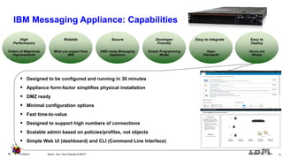 Hours not Weeks 
Easy to Deploy 
Orders of Magnitude 
Improvements 
High 
Performance 
What you expect from IBM 
Reliable 
Simple Programming 
Model 
Developer 
Friendly 
Open 
Standards 
Easy to Integrate 
DMZ-ready Messaging Appliance 
Secure 
Designed to be configured and running in 30 minutes 
Appliance form-factor simplifies physical installation 
DMZ ready 
Minimal configuration options 
Fast time-to-value 
Designed to support high numbers of connections 
Scalable admin based on policies/profiles, not objects 
Simple Web UI (dashboard) and CLI (Command Line Interface) 
14 
11/2/2014 
Sprint - Pub / Sub Overview & MQTT 
14 
IBM Messaging Appliance: Capabilities  