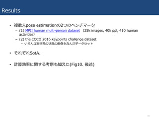Results
• 複数⼈pose estimationの2つのベンチマーク
– (1) MPII human multi-person dataset （25k images, 40k ppl, 410 human
activities）
– (2) the COCO 2016 keypoints challenge dataset
• いろんな実世界の状況の画像を含んだデータセット
• それぞれSotA.
• 計算効率に関する考察も加えた(Fig10. 後述)
18
 