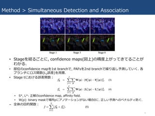 Method > Simultaneous Detection and Association
• Stageを経るごとに, confidence maps(図上)の精度上がってきてることが
わかる.
• 部位のconfidence mapを1st branchで, PAFsを2nd branchで繰り返し予測していく. 各
ブランチにロス関数(L2誤差)を⽤意.
• Stage tにおける誤差関数：
• S*, L*: 正解のconfidence map, affinity field.
• W(p): binary maskで場所pにアノテーションがない場合0に. 正しい予測へのペナルティ防ぐ.
– 全体の⽬的関数：
8
 