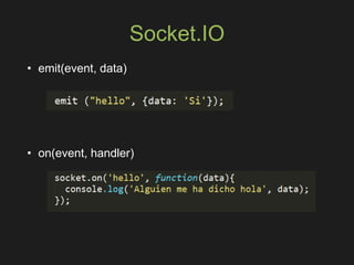 Socket.IO
• emit(event, data)
• on(event, handler)
 