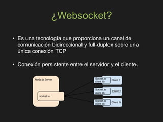 ¿Websocket?
• Es una tecnología que proporciona un canal de
comunicación bidireccional y full-duplex sobre una
única conexión TCP
• Conexión persistente entre el servidor y el cliente.
 