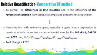 Relative Quantification- Comparative CT method
◉ To control the differences in RNA isolation and in the efficiency of the
reverse transcription from sample to sample and experiment to experiment
↓
◉ Normalization with reference gene, typically a gene whose expression is
constant in both the control and experimental samples like 18S rRNA, GAPDH
and ACTB. i.e., ΔΔCt = (CtTarget-CtACTB)Cases-(CtTarget-CtACTB)Controls
◉ Fold change = 2-ΔΔCt
 