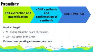 Precautions:
Product length:
◉ 70– 150 bp for probe-based chemistries
◉ 100– 300 bp for SYBR Green
Primers incorporating exon-exon junctions
RNA extraction and
quantification
cDNA synthesis
and
confirmation of
synthesis
Real Time PCR
 