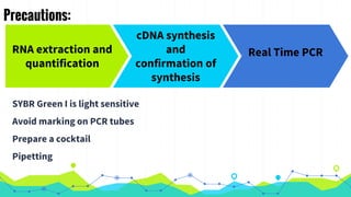 Precautions:
SYBR Green I is light sensitive
Avoid marking on PCR tubes
Prepare a cocktail
Pipetting
RNA extraction and
quantification
cDNA synthesis
and
confirmation of
synthesis
Real Time PCR
 