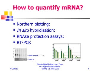 How to quantify mRNA? Northern blotting:   In situ  hybridization:  RNAse protection assays:  RT-PCR  01/06/10 Dinesh-NBAGR-Real time  Time PCR Applications-Summer Training-01-June-2010 Gene XXXXx  XXXX X GAPDH +/+ +/+ 1 2 3 kb 0.0 0.5 1.0 1.5 2.0 2.5 Thymus Spleen Lymph Kidney 