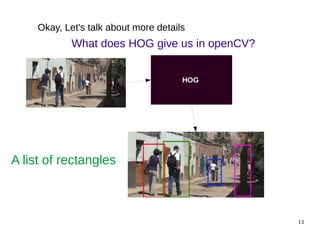 13 
Okay, Let's talk about more details 
What does HOG give us in openCV? 
HOG 
A list of rectangles 
 