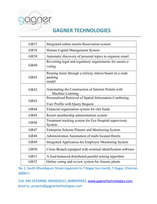 GAGNER TECHNOLOGIES
GR37

Integrated online resorts Reservation system

GR38

Human Capital Management System

GR39

Automatic discovery of personal topics to organize email
Revisiting legal and regulatory requirements for secure evoting

GR40
GR41
GR42
GR43
GR44
GR45

Routing trains through a railway station based on a node
packing
model
Automating the Construction of Internet Portals with
Machine Learning
Personalized Retrieval of Spatial Information Combining
User Profile with Query Request
Financial organization system for chit funds

GR47

Resort membership administration system
Treatment tracking system for Eye Hospital supervisory
System
Enterprise Scheme Planner and Monitoring System

GR48

Administration Automation of multi located Hotels

GR49

Integrated Application for Employee Monitoring System

GR50

Crime Branch equipped with criminal identification software

GR51
GR52

A load-balanced distributed parallel mining algorithm
Online voting and review system for Atomic plants

GR46

No 1, South Dhandapani Street (opposite to T.Nagar bus stand), T.Nagar, Chennai600017.
Call: 044 24320908, 9092820515, 8680939422, www.gagnertechnologies.com
imail to: projects@gagnertechnologies.com

 