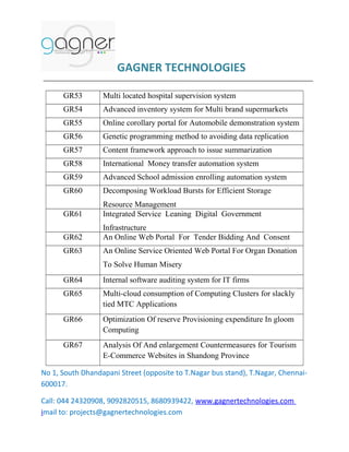 GAGNER TECHNOLOGIES
GR53

Multi located hospital supervision system

GR54

Advanced inventory system for Multi brand supermarkets

GR55

Online corollary portal for Automobile demonstration system

GR56

Genetic programming method to avoiding data replication

GR57

Content framework approach to issue summarization

GR58

International Money transfer automation system

GR59

Advanced School admission enrolling automation system

GR60

Decomposing Workload Bursts for Efficient Storage

GR61

Resource Management
Integrated Service Leaning Digital Government

GR62

Infrastructure
An Online Web Portal For Tender Bidding And Consent

GR63

An Online Service Oriented Web Portal For Organ Donation
To Solve Human Misery

GR64

Internal software auditing system for IT firms

GR65

Multi-cloud consumption of Computing Clusters for slackly
tied MTC Applications

GR66

Optimization Of reserve Provisioning expenditure In gloom
Computing

GR67

Analysis Of And enlargement Countermeasures for Tourism
E-Commerce Websites in Shandong Province

No 1, South Dhandapani Street (opposite to T.Nagar bus stand), T.Nagar, Chennai600017.
Call: 044 24320908, 9092820515, 8680939422, www.gagnertechnologies.com
imail to: projects@gagnertechnologies.com

 