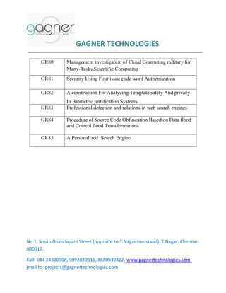 GAGNER TECHNOLOGIES
GR80

Management investigation of Cloud Computing military for
Many-Tasks Scientific Computing

GR81

Security Using Four issue code word Authentication

GR82

A construction For Analyzing Template safety And privacy

GR83

In Biometric justification Systems
Professional detection and relations in web search engines

GR84

Procedure of Source Code Obfuscation Based on Data flood
and Control flood Transformations

GR85

A Personalized Search Engine

No 1, South Dhandapani Street (opposite to T.Nagar bus stand), T.Nagar, Chennai600017.
Call: 044 24320908, 9092820515, 8680939422, www.gagnertechnologies.com
imail to: projects@gagnertechnologies.com

 