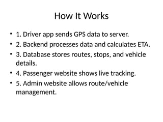 How It Works
• 1. Driver app sends GPS data to server.
• 2. Backend processes data and calculates ETA.
• 3. Database stores routes, stops, and vehicle
details.
• 4. Passenger website shows live tracking.
• 5. Admin website allows route/vehicle
management.
 