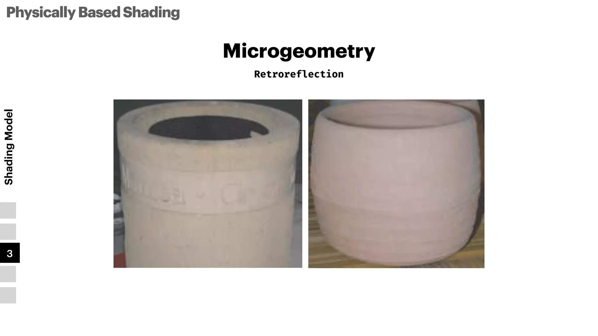 PhysicallyBasedShading
Shading
Model
1
2
3
4
5
Microgeometry
Retroreflection
 
