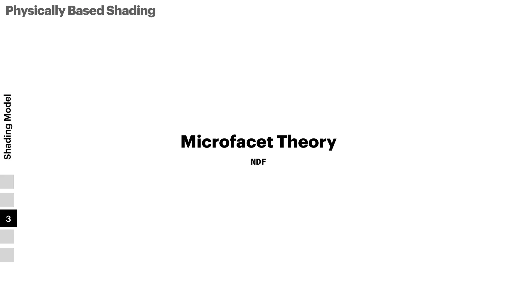 PhysicallyBasedShading
Shading
Model
1
2
3
4
5
Microfacet Theory
NDF
 