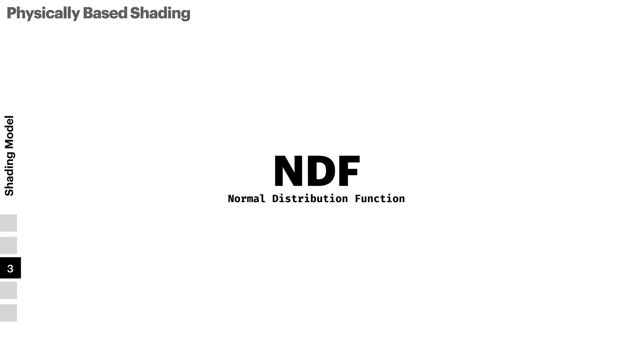 NDF
PhysicallyBasedShading
Shading
Model
1
2
3
4
5
Normal Distribution Function
 