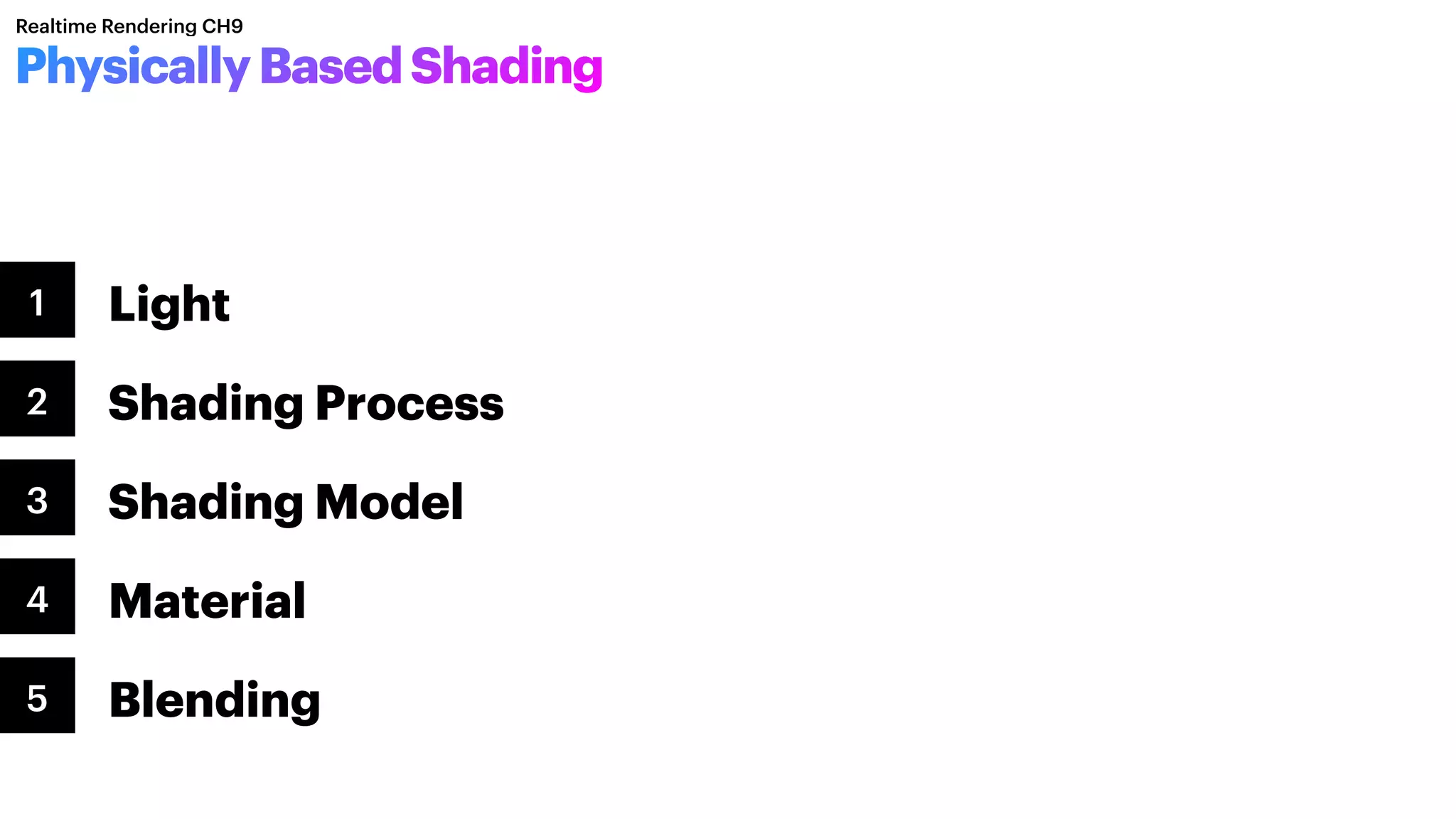 Realtime Rendering CH9
Light
Shading Process
Shading Model
Material
Blending
1
2
3
4
5
PhysicallyBasedShading
 