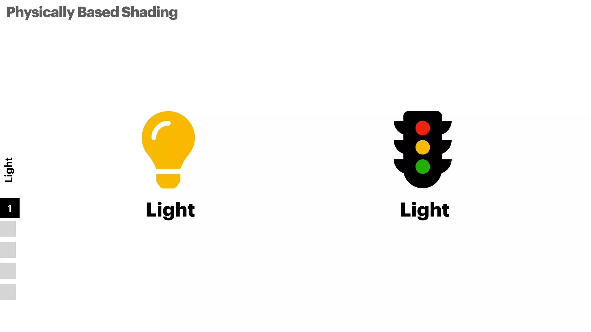 PhysicallyBasedShading
Light
1
2
3
4
5
Light
l
Light
t
Monochromatic Polychromatic
 