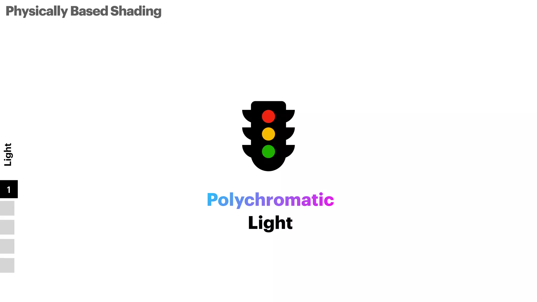 PhysicallyBasedShading
Light
1
2
3
4
5
Light
t
Polychromatic
 