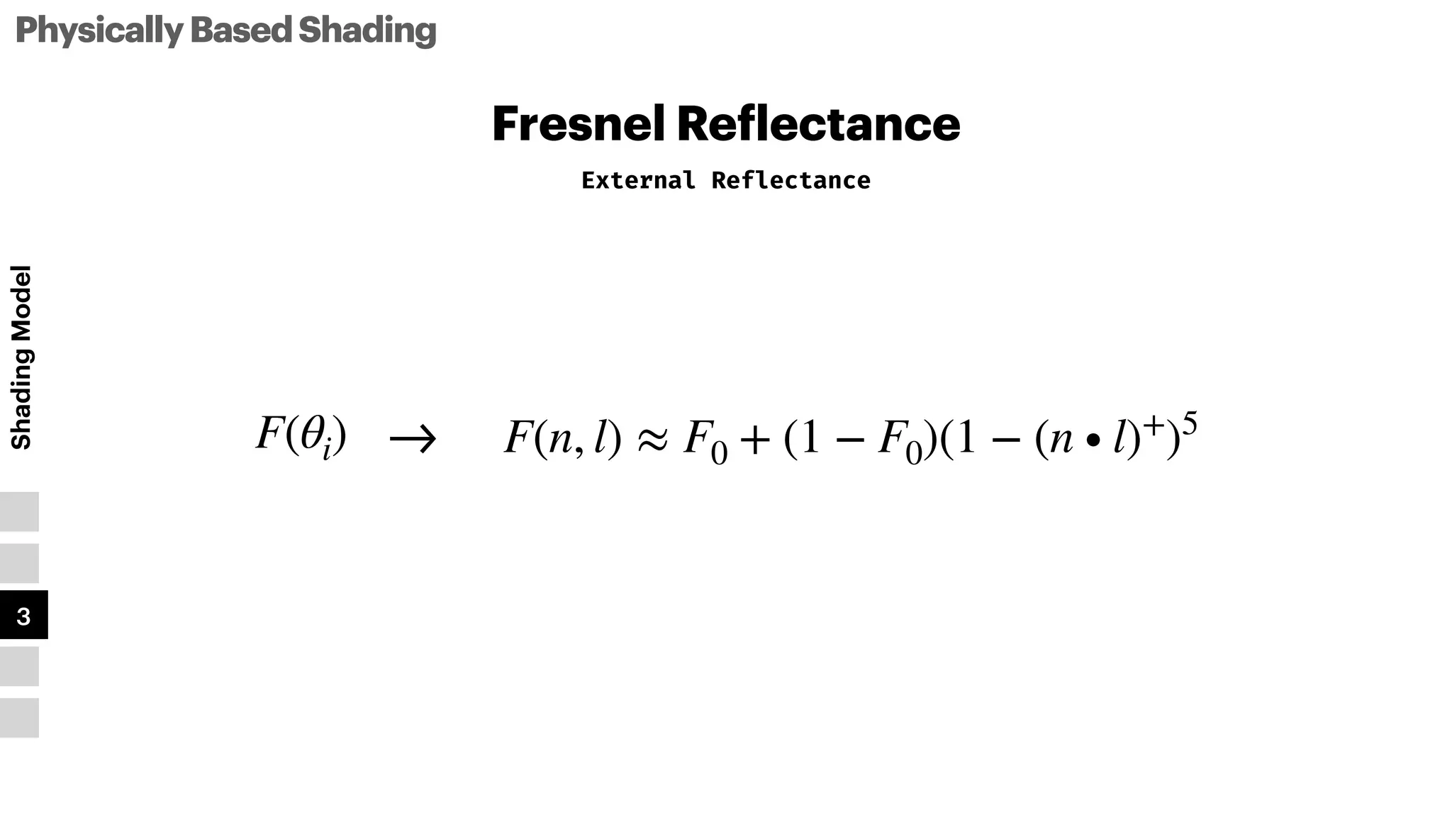 PhysicallyBasedShading
Shading
Model
1
2
3
4
5
Fresnel Re
f
lectance
External Reflectance
F(θi) F(n, l) ≈ F0 + (1 − F0)(1 − (n ∙ l)+
)5
-
>
 