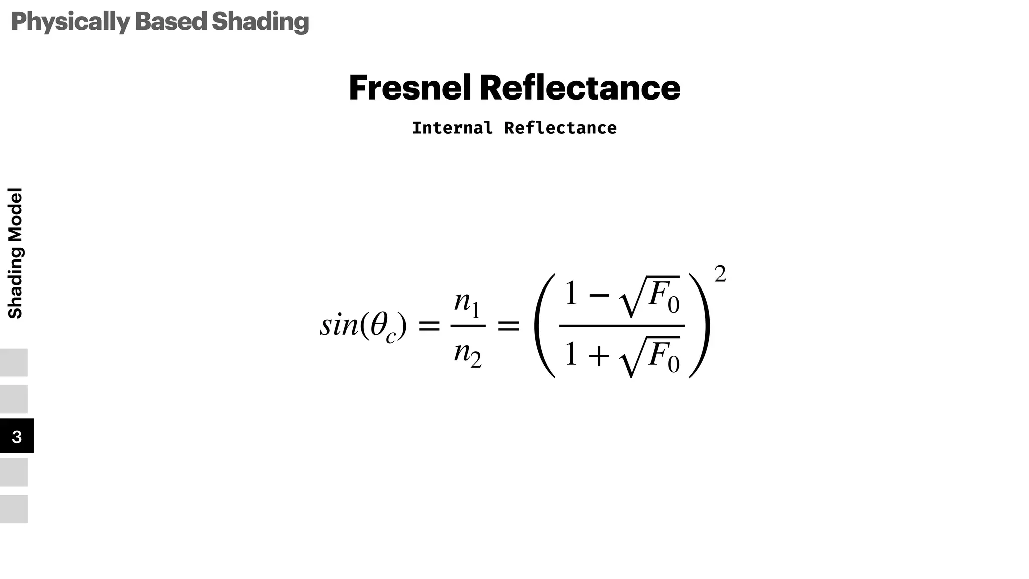 PhysicallyBasedShading
Shading
Model
1
2
3
4
5
Fresnel Re
f
lectance
Internal Reflectance
sin(θc) =
n1
n2
=
(
1 − F0
1 + F0 )
2
 