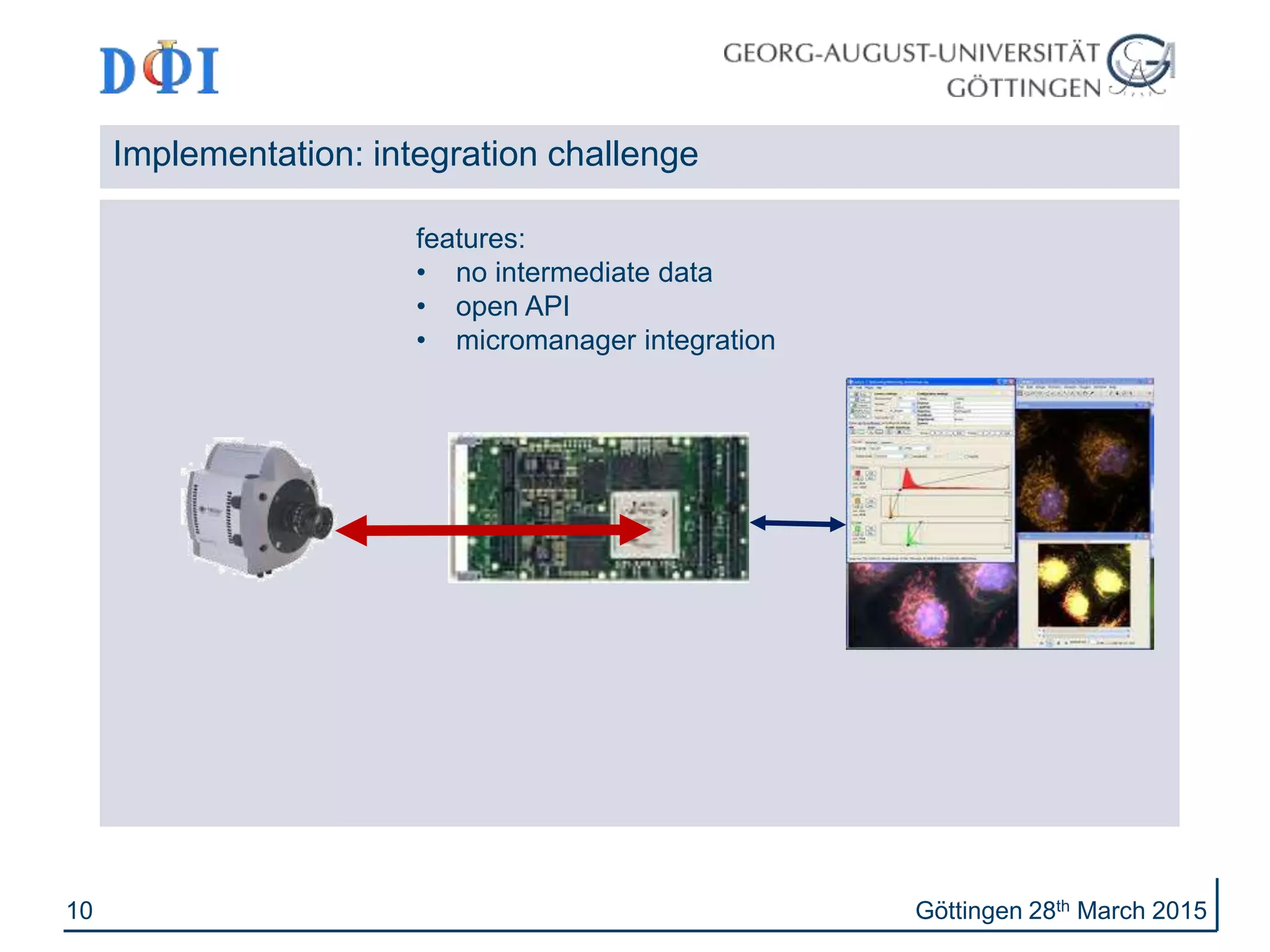 10
Implementation: integration challenge
Göttingen 28th March 2015
features:
• no intermediate data
• open API
• micromanager integration
 